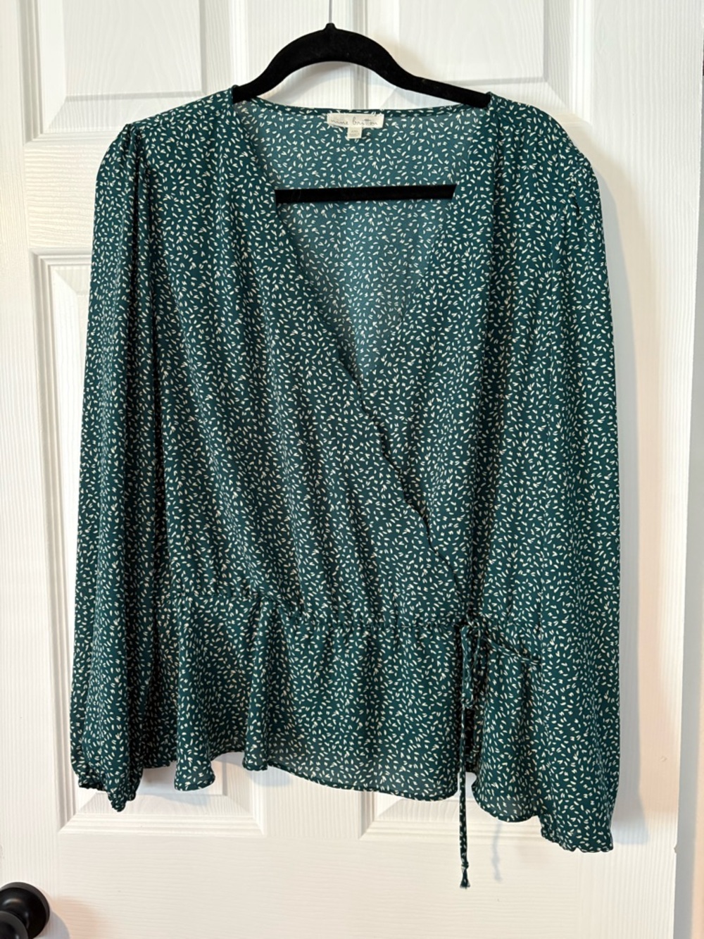 nine britton Teal Wrap Blouse with White Micro Dot Print